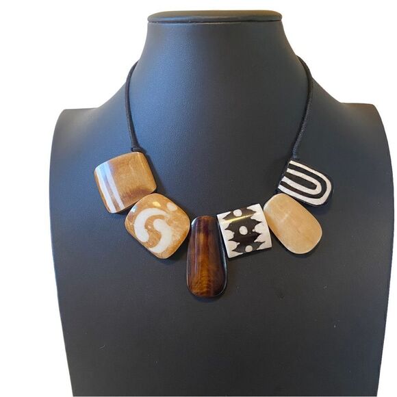 Six Piece Stone Tribal Looking Necklace on Black Adjustable Slide Cord. - Picture 1 of 6